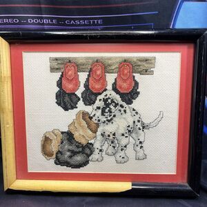 Fireman Boots Hats Dalmatian Dog Completed Needlepoint  10x8 (needs new frame)